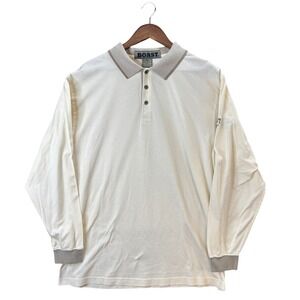 Boast Golf Mens XL Long Sleeve Polo Shirt White Tan Pique Cotton Logo 0539